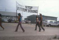 The march went past the building where the Key Lake Inquiry was being held.